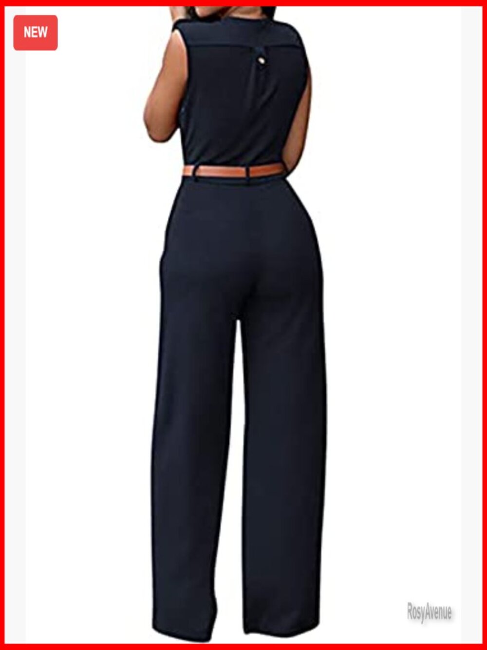 Wide Leg V Neck Sleeveless Jumpsuit with Belt Pockets Business Casual - Picture 3 of 7